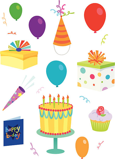 ilustrações de stock, clip art, desenhos animados e ícones de coleção de aniversário - party hat birthday confetti streamer