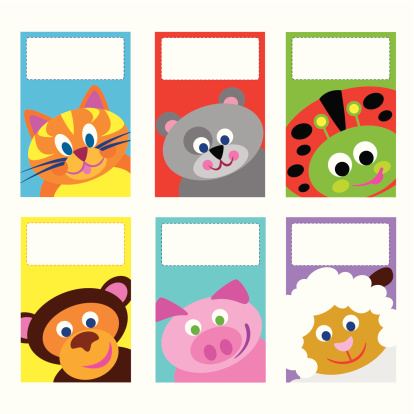 Set of 6  vector illustration small greeting cards.  The theme is cartoon style animals.