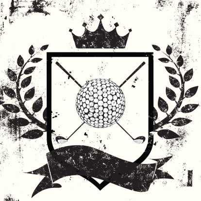 Golf ball and golf clubs on a shield with a crown, laurel wreath and a ribbon text banner over an abstract background. The background extends outside the square clipping mask. To edit, select the background and go to OBJECT-> CLIPPING MASK-> EDIT CONTENTS or RELEASE.