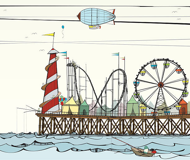 Old Pier with Fairground Attractions A rickety old pier heavy with fairground attractions is observed by a passing airship, in the foreground a fisherman snoozes in his dinghy. All items are on their own separate layers for easy editing...enjoy! pleasure beach blackpool stock illustrations