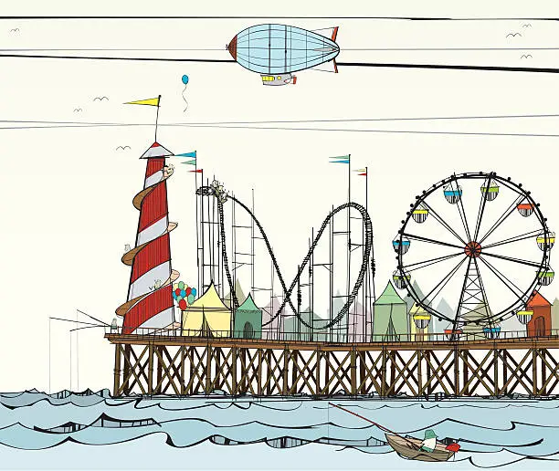 Vector illustration of Old Pier with Fairground Attractions