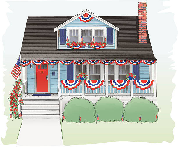 ilustraciones, imágenes clip art, dibujos animados e iconos de stock de bungalow decorado del 4 de julio. - front porch