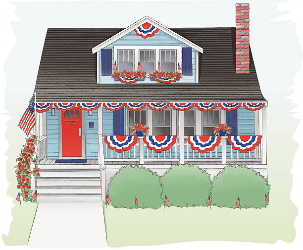 Fourth of July decorated bungalow. Watercolor sketch style vector illustration of a bungalow home decorated for the Fourth of July. The bungalow is a 1920s blue, wood paneled 1 1/2 story Craftsman style home with a full length covered front porch, a red door and blue shudders. It has been decorated with American flags and banners for the USA holiday. american flag house stock illustrations