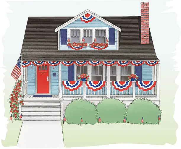 Vector illustration of Fourth of July decorated bungalow.