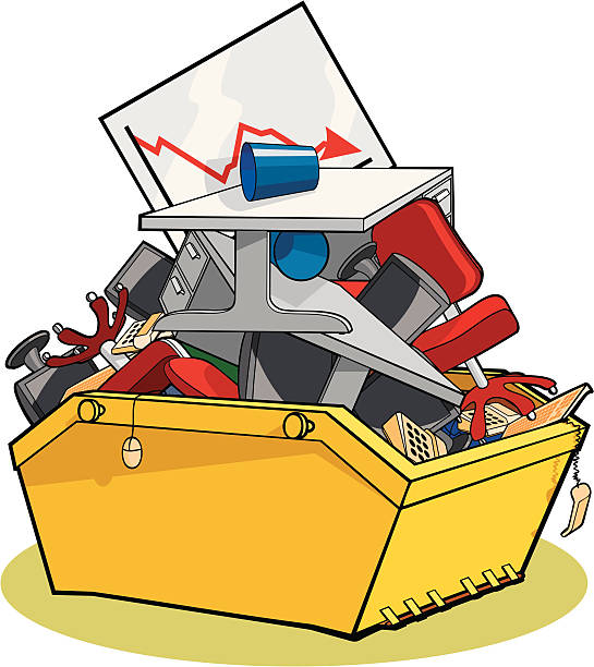 Bankrupt Business Skip full of office furniture, computers, phones and a negative forecast chart. overflowing dumpster stock illustrations