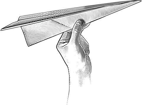 Engraving style illustration of paper airplane ready to take flight.