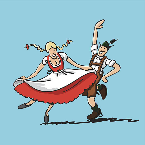 Beer Fest Dancing Couple Hand-drawn sketchy vector illustration of a bavarian couple in Dirndl and Lederhosen. They are dancing and having fun at the Beer Fest. The line art, color and background are on separate layers, so you also can use the illustration on your own background. The colors in the .eps-file are ready for print (CMYK). Included files: EPS (v8) and Hi-Res JPG. pics of dirndl skirt stock illustrations