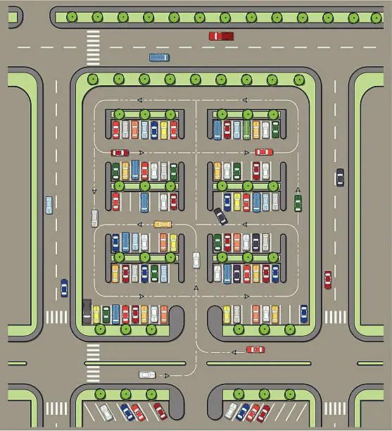 Vector illustration of parking lot plan full of cars