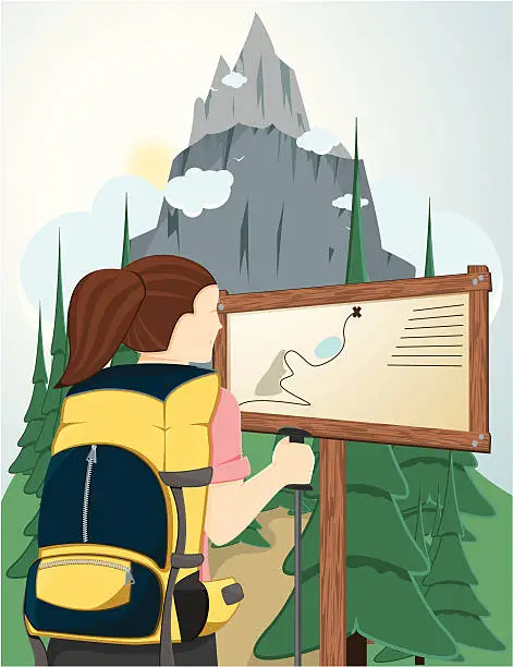 Vector illustration of Hiking young woman.