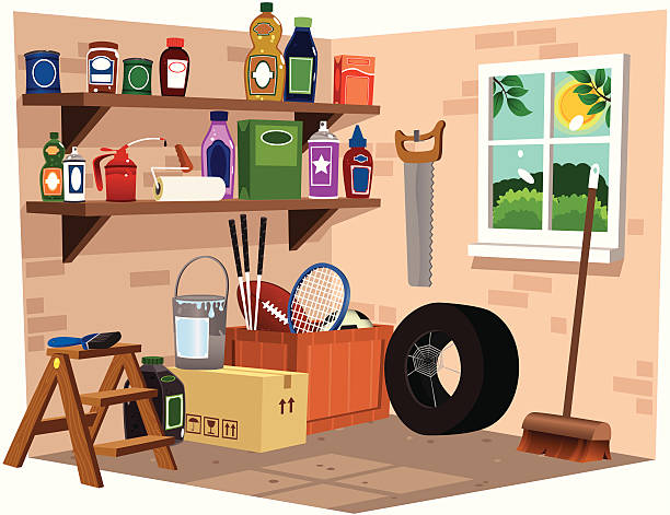 illustrazioni stock, clip art, cartoni animati e icone di tendenza di garage vista interna - household tool