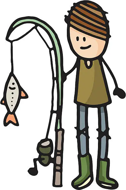 Vector illustration of Boy with fishing rod and fish