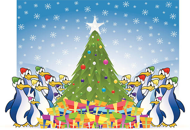 Penguins with Christmas Tree and Gifts Penguins with Christmas Tree and Gifts tree fern stock illustrations