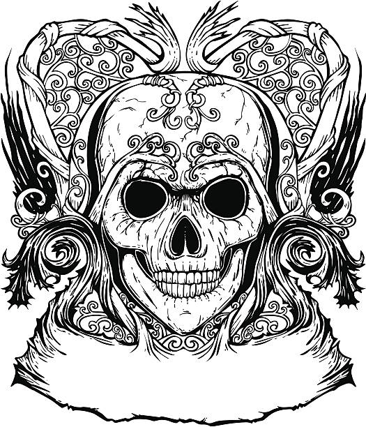 ilustraciones, imágenes clip art, dibujos animados e iconos de stock de ornate inked skull tattoo design humano - metalcore