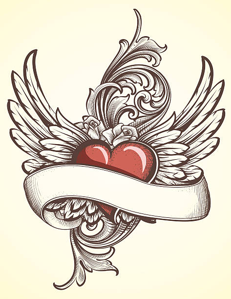 ilustraciones, imágenes clip art, dibujos animados e iconos de stock de tatuaje corazón con alas scroll - flower backgrounds single flower copy space