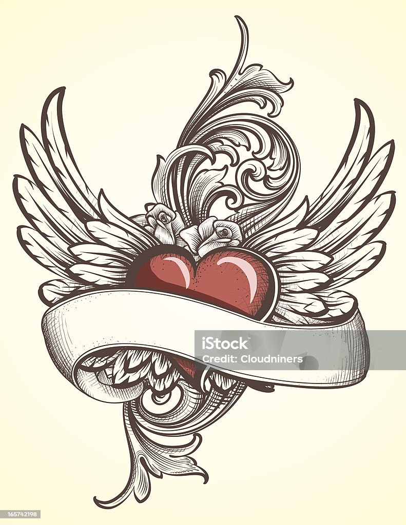 Tatuaggio cuore con ali di scorrimento - arte vettoriale royalty-free di Tatuaggio