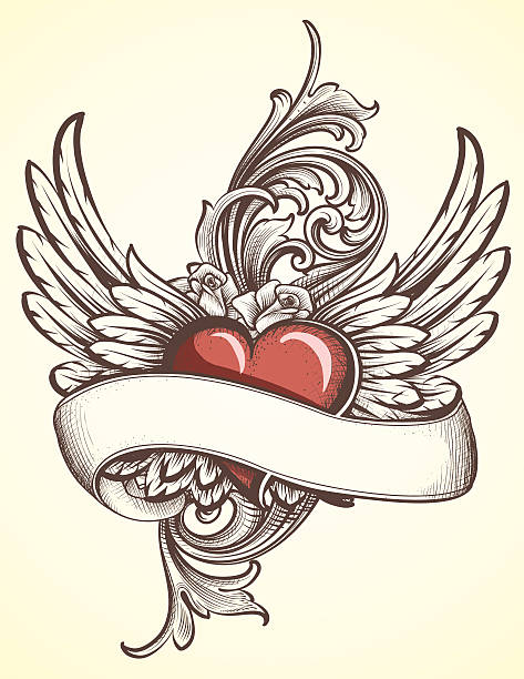 Winged Heart with Scroll tattoo vector art illustration