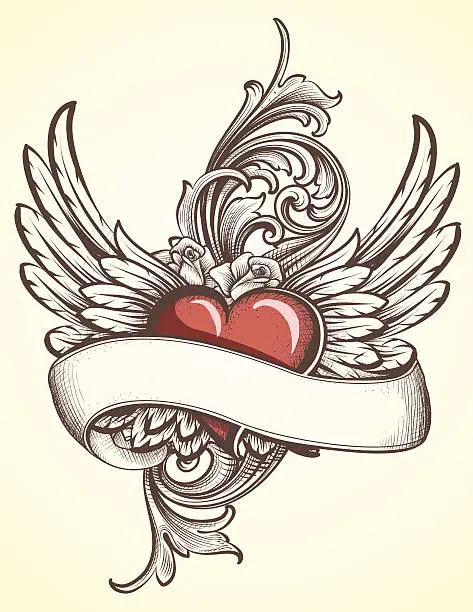 Vector illustration of Winged Heart with Scroll tattoo