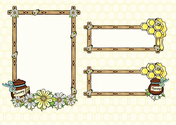 Vector illustration of Three frames with bees, daisy flowers and honey jar