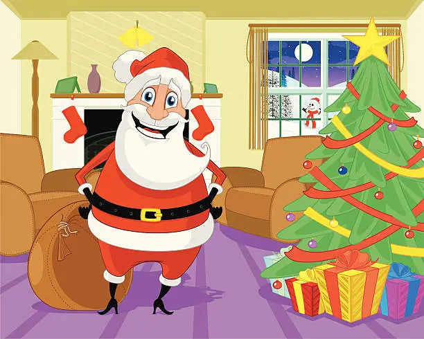 Vector illustration of Santa leaving Gifts on Christmas Eve