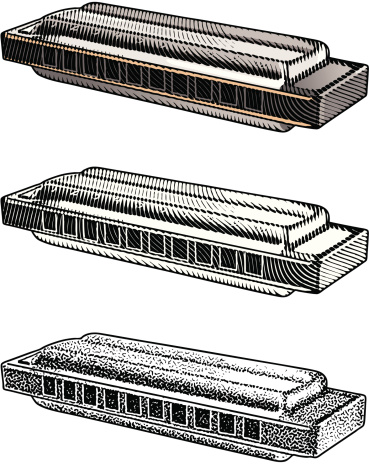 Engraving style illustration of harmonica. Color and black and white versions included plus mezzotint. Great design elements.