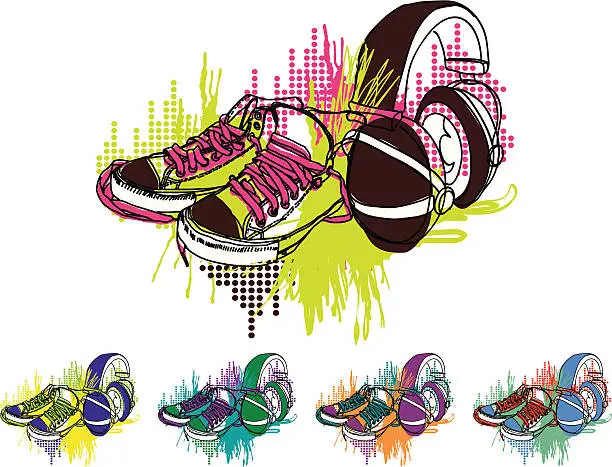 Vector illustration of Pop Art Sneakers and Headphones With a Splash of Color