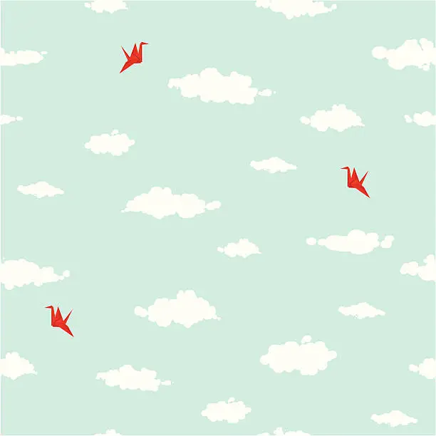 Vector illustration of Clouds and origami cranes seamless pattern