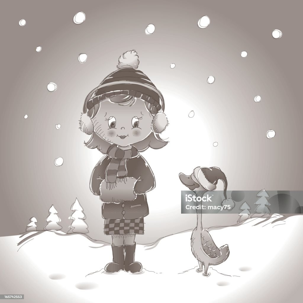 Uni et canard fille d'hiver dans la neige - clipart vectoriel de Noël libre de droits