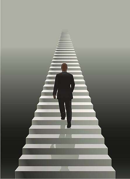 Man on stairs Man in grey suit ascending long staircase person walking up stairs from behind stock illustrations