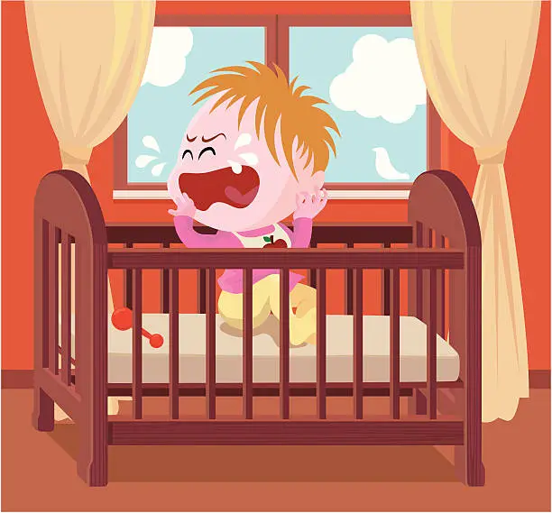 Vector illustration of crying baby in crib