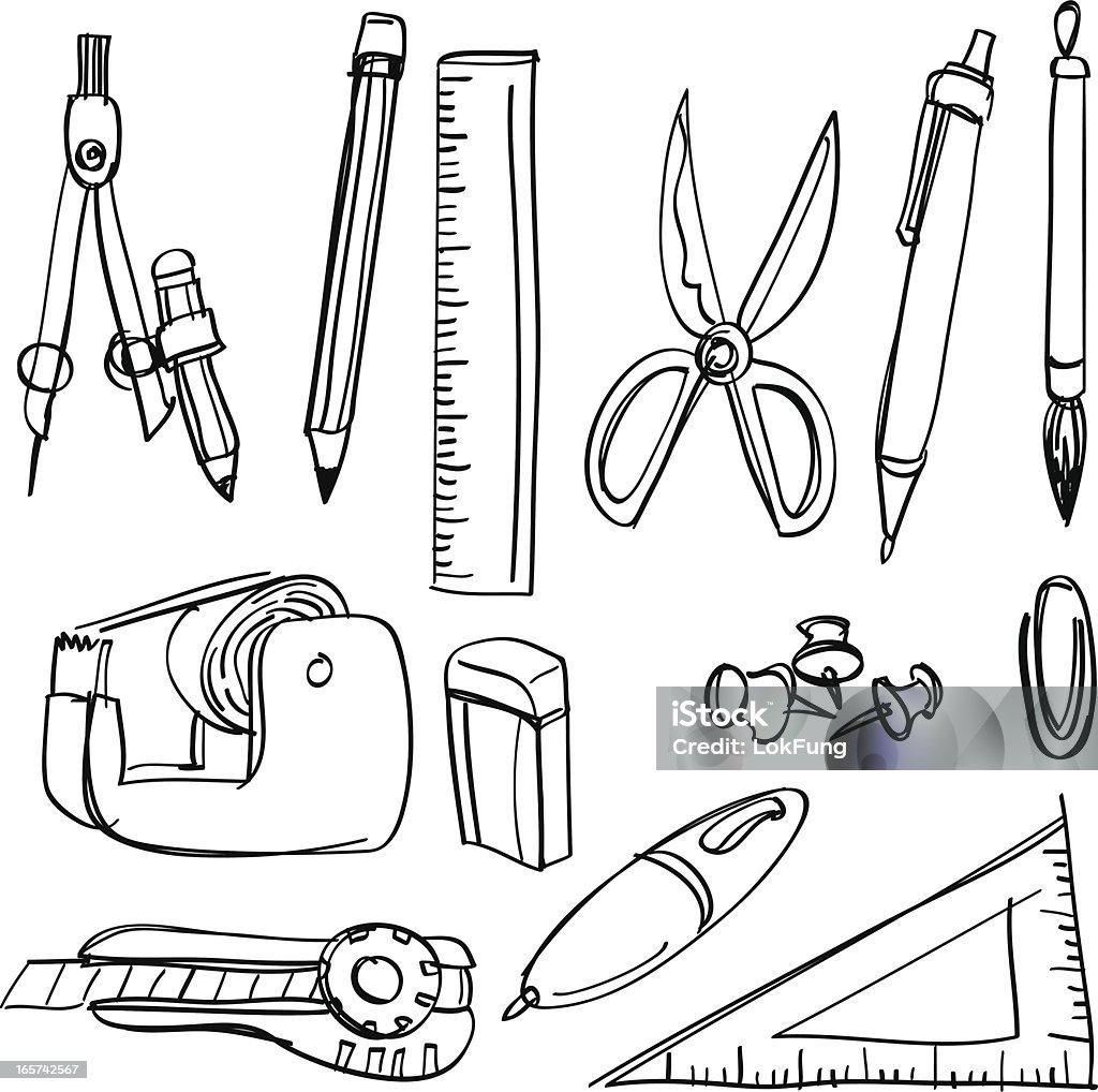 Black and white sketches of stationery items Sketch drawing of stationery. Black And White stock vector