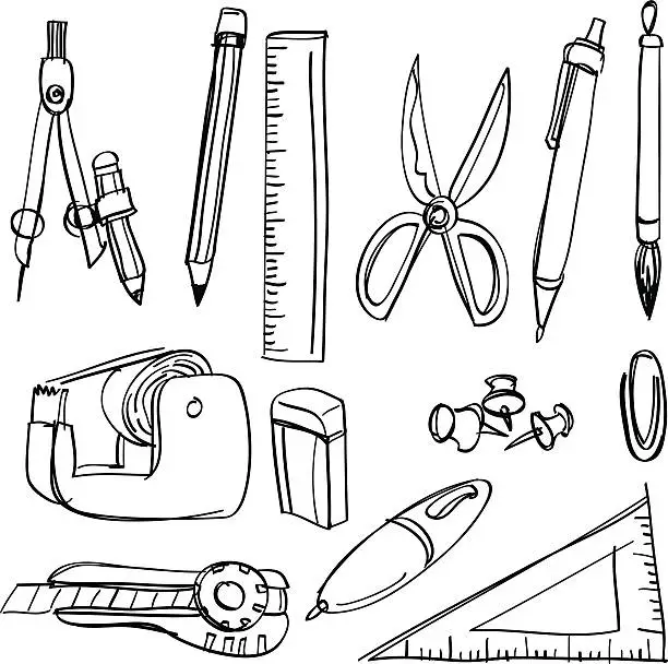 Vector illustration of Black and white sketches of stationery items