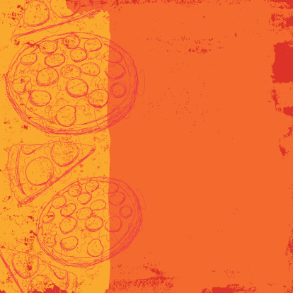 Sketchy, hand drawn pizza and slices over an abstract background.The artwork extends outside the square clipping mask. To edit, select the artwork and go to OBJECT-> CLIPPING MASK-> EDIT CONTENTS OR RELEASE.