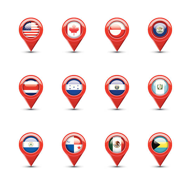 Navigation Flags: North and Central America Flags of North and Central American countries as navigation drop pins for ease of using on maps and other strategical documents/presentations. el salvador landmarks stock illustrations