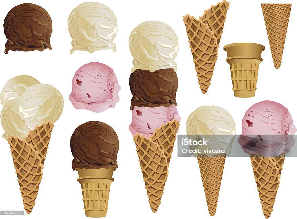Ice Cream Cones Vector Illustration of vanilla, chocolate & strawberry ice creams in different types of cones. Grouped & Layered (with labels) for easy editing. 300 dpi. jpg. included. Ice Cream Cone stock vector