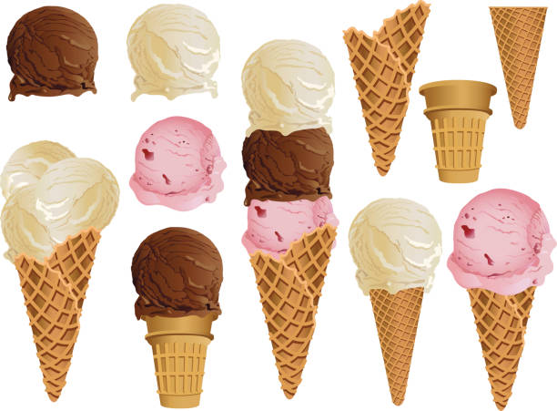 Ice Cream Cones Vector Illustration of vanilla, chocolate & strawberry ice creams in different types of cones. Grouped & Layered (with labels) for easy editing. 300 dpi. jpg. included. cornet stock illustrations