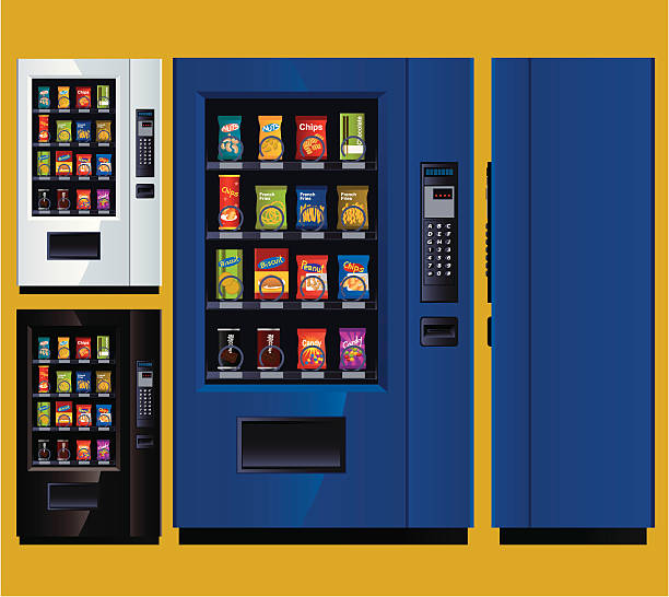 Snack Vending Machine Snack vending machine with front view, side view and two more colours. Zip contains AI and PDF formats. vending machine stock illustrations