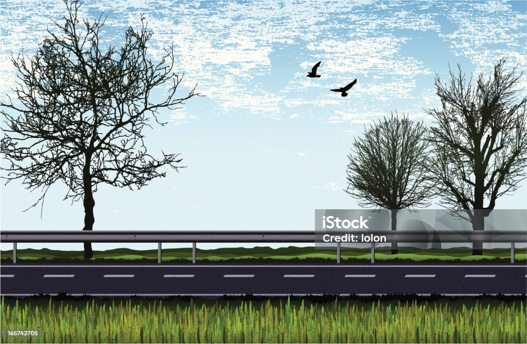 Straße mit Bäumen, Wiesen und Vögel -daylight - Lizenzfrei Straßenverkehr Vektorgrafik