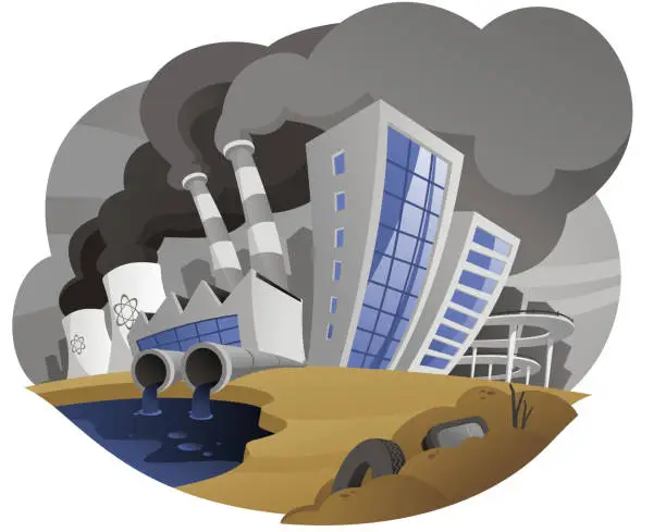 Vector illustration of Polluting city with fume chimney factory plant drain waste pipe