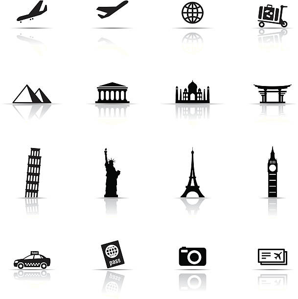 ilustrações, clipart, desenhos animados e ícones de conjunto de ícones, itens de viagem - flying uk england international landmark