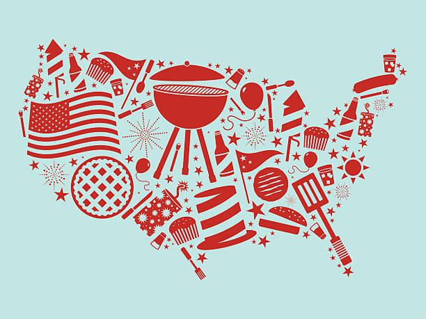 ilustraciones, imágenes clip art, dibujos animados e iconos de stock de cuatro de julio, estados unidos - hamburger refreshment hot dog bun