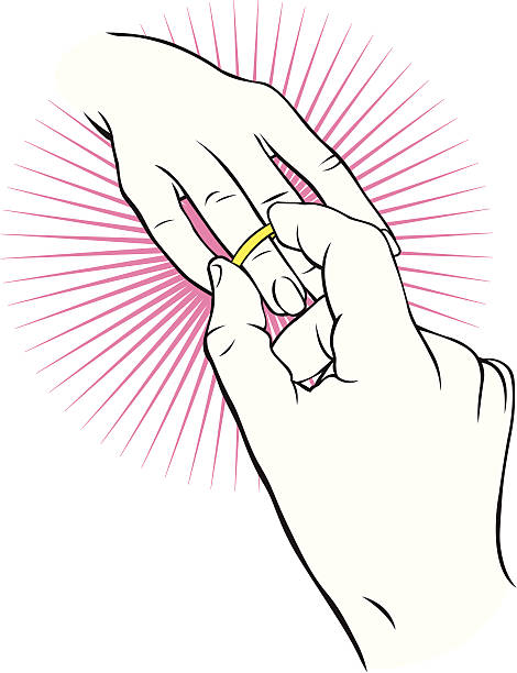 Hand placing an engagement or wedding ring on a finger vector art illustration