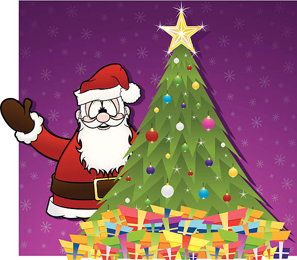 Santa Claus with Christmas Tree and Gifts Santa Claus with Christmas Tree and Gifts tree fern stock illustrations