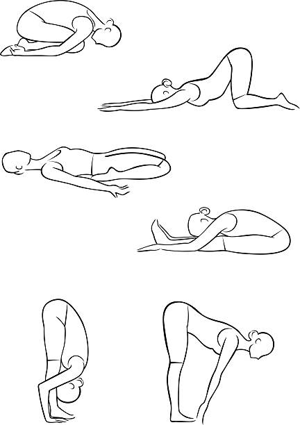 Sketch of simple yoga pose illustration Six line illustrations of bending yoga positions. One of a series. arm behind head stock illustrations