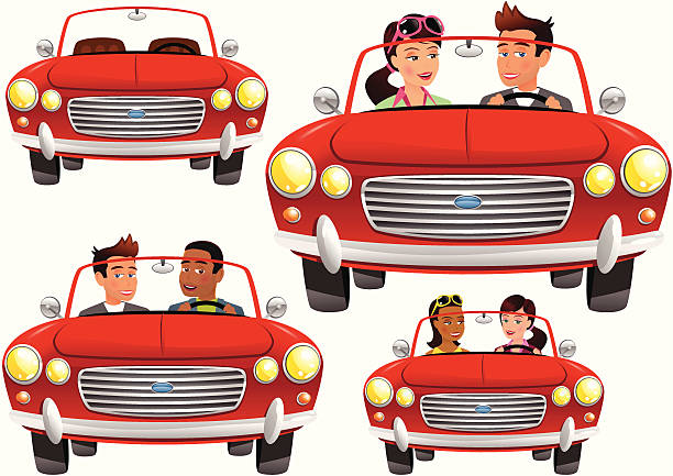 Red convertible classic sports car Four isolated and movable versions of a generic classic sports car convertible. One empty, one with boy/girl, one boy/boy and one girl/girl. porsche classic sports car obsolete stock illustrations
