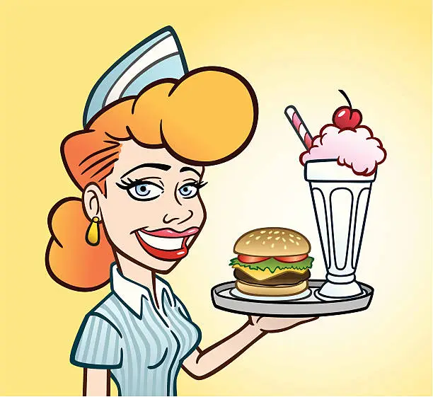 Vector illustration of Cute Retro Waitress With Fast Food