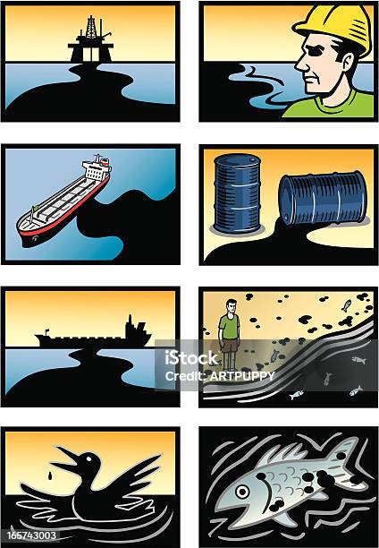 Derrame De Petróleo De Ícones De Desastres - Arte vetorial de stock e mais imagens de Derrame de Petróleo - Derrame de Petróleo, Mar, Petroleiro