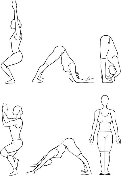 Stylized yoga illustrations - Standing Six line illustrations of seated yoga positions. One of a series. garudasana illustrations stock illustrations