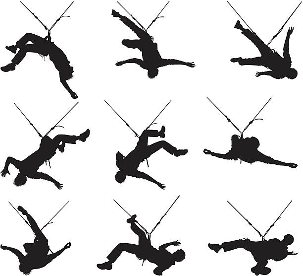 Rock climbing men hanging from safety ropes Rock climbing men hanging from safety ropes unbalance stock illustrations
