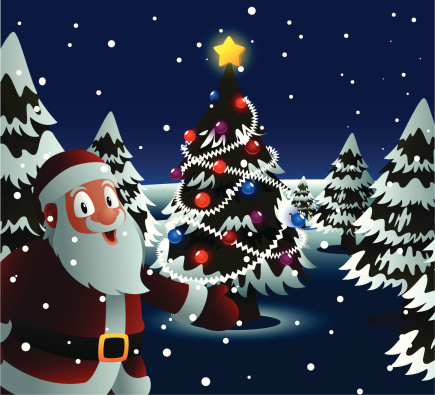 Santa lights up the Christmas tree.