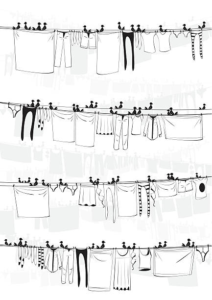 ilustrações, clipart, desenhos animados e ícones de de lavanderia com pássaros fundo - laundry clothing clothesline hanging